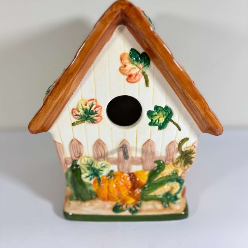 Hand Painted Ceramic BIRDHOUSE Decorative Harvest Leaves Pumpkin Glazed 8" Tall